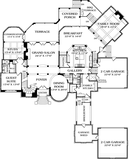 European House Plan 96903 with 6 Beds, 6 Baths, 4 Car Garage First Level Plan