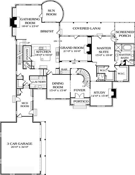 European House Plan 96905 with 6 Beds, 8 Baths, 3 Car Garage First Level Plan