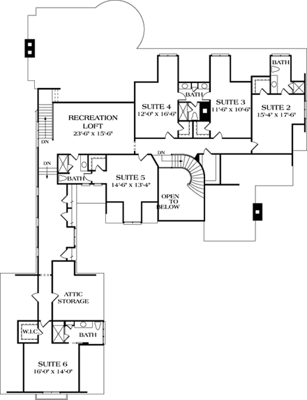 European House Plan 96905 with 6 Beds, 8 Baths, 3 Car Garage Second Level Plan