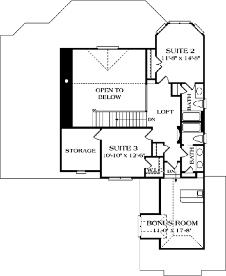 Cottage, Craftsman, Tudor House Plan 96994 with 3 Beds, 4 Baths, 2 Car Garage Second Level Plan