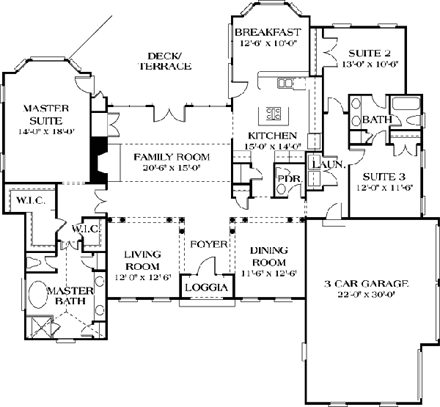 European House Plan 97005 with 3 Beds, 3 Baths, 3 Car Garage First Level Plan