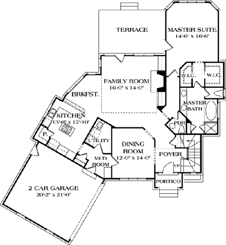 European House Plan 97021 with 4 Beds, 4 Baths, 2 Car Garage First Level Plan