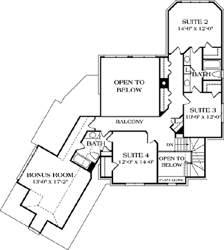 European House Plan 97021 with 4 Beds, 4 Baths, 2 Car Garage Second Level Plan