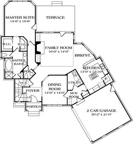 European House Plan 97029 with 4 Beds, 4 Baths, 2 Car Garage First Level Plan