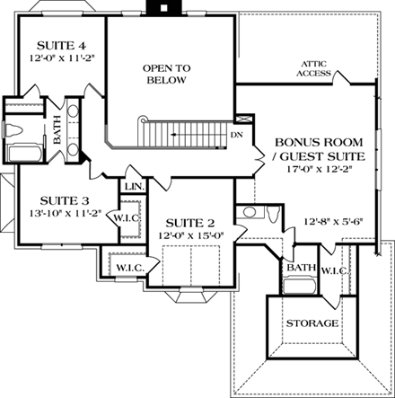 Traditional House Plan 97034 with 4 Beds, 4 Baths, 2 Car Garage Second Level Plan