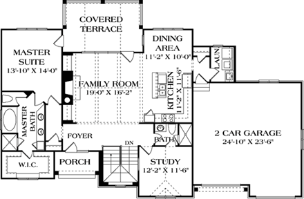 European House Plan 97047 with 3 Beds, 4 Baths, 2 Car Garage First Level Plan