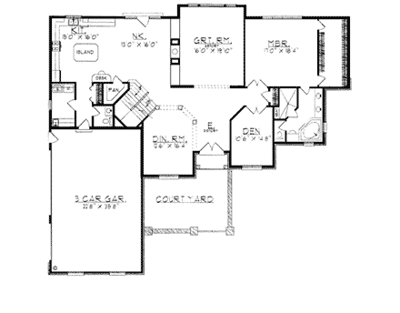 Bungalow, European House Plan 97165 with 4 Beds, 4 Baths, 3 Car Garage First Level Plan