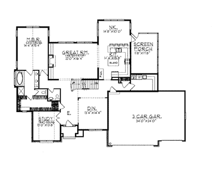Bungalow, European House Plan 97168 with 4 Beds, 4 Baths, 3 Car Garage First Level Plan
