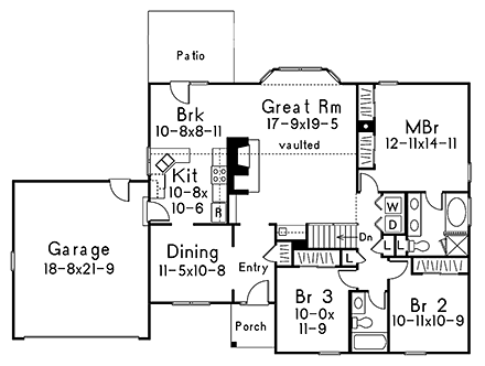 Ranch, Traditional House Plan 97204 with 3 Beds, 2 Baths, 2 Car Garage First Level Plan