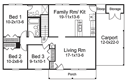 Ranch House Plan 97220 with 3 Beds, 1 Baths, 1 Car Garage First Level Plan