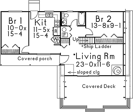 A-Frame, Retro House Plan 97237 with 2 Beds, 1 Baths First Level Plan
