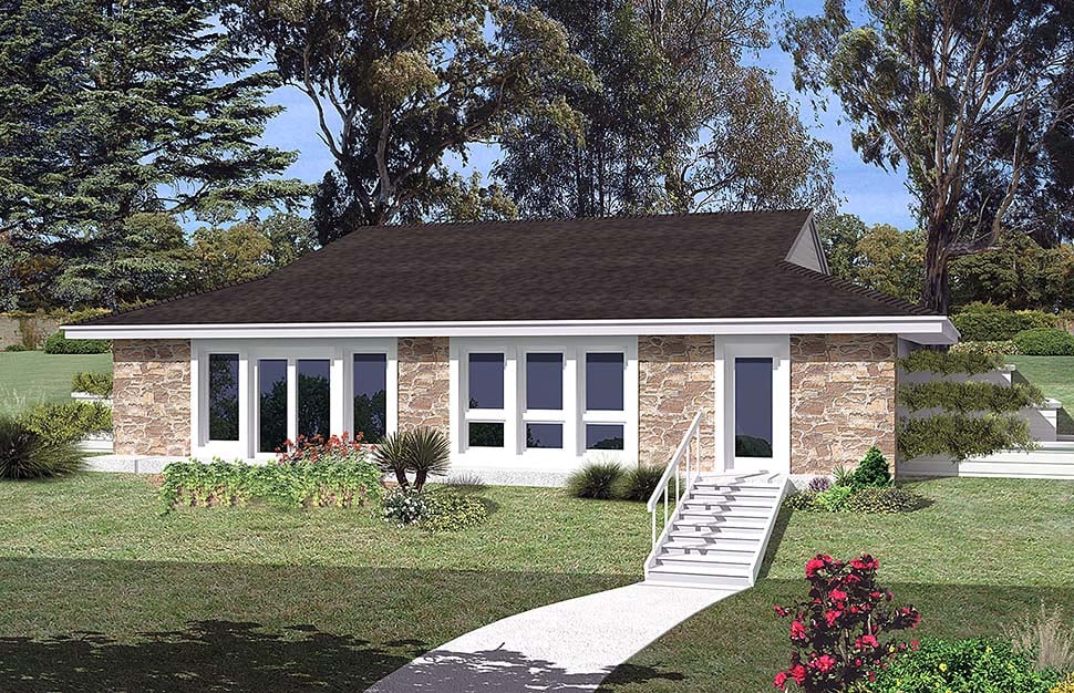 Contemporary, Earth Sheltered, European, French Country, Ranch House Plan 97253 with 3 Beds, 1 Baths Elevation