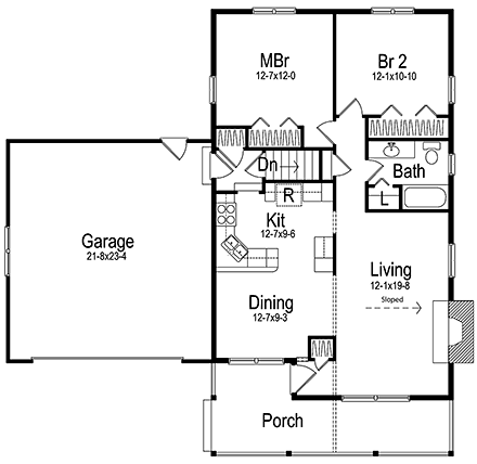 Country, Ranch, Traditional House Plan 97258 with 2 Beds, 1 Baths, 2 Car Garage First Level Plan