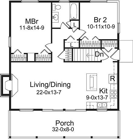 Bungalow, Contemporary, Country, Traditional House Plan 97259 with 2 Beds, 1 Baths First Level Plan