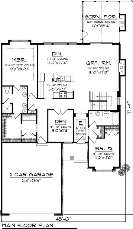 Ranch House Plan 97318 with 2 Beds, 2 Baths, 2 Car Garage First Level Plan