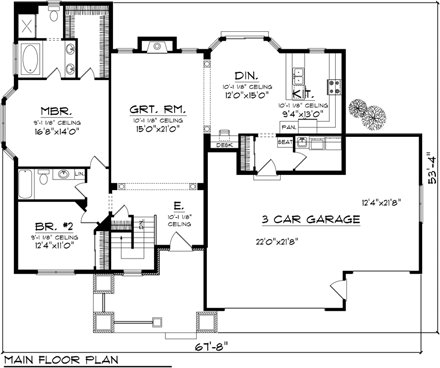 Craftsman, Ranch House Plan 97320 with 2 Beds, 2 Baths, 3 Car Garage First Level Plan