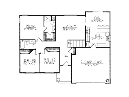 One-Story, Ranch House Plan 97332 with 3 Beds, 2 Baths, 2 Car Garage First Level Plan