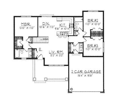 One-Story, Ranch House Plan 97337 with 3 Beds, 2 Baths, 1 Car Garage First Level Plan