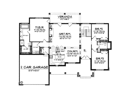 Bungalow, One-Story, Ranch House Plan 97353 with 3 Beds, 2 Baths, 2 Car Garage First Level Plan