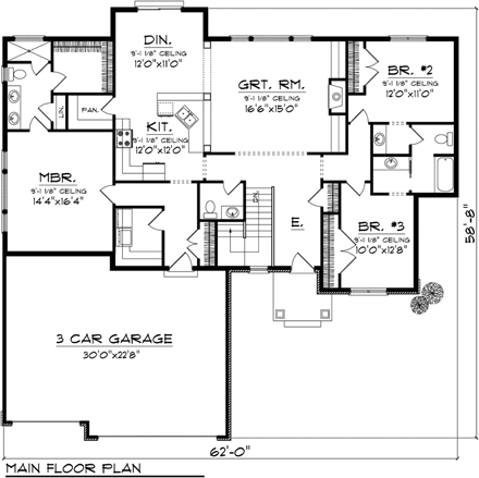 Ranch House Plan 97356 with 3 Beds, 3 Baths, 3 Car Garage First Level Plan