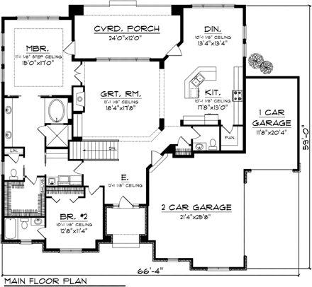 Prairie House Plan 97362 with 2 Beds, 3 Baths, 3 Car Garage First Level Plan