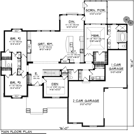 Ranch House Plan 97367 with 3 Beds, 3 Baths, 3 Car Garage First Level Plan