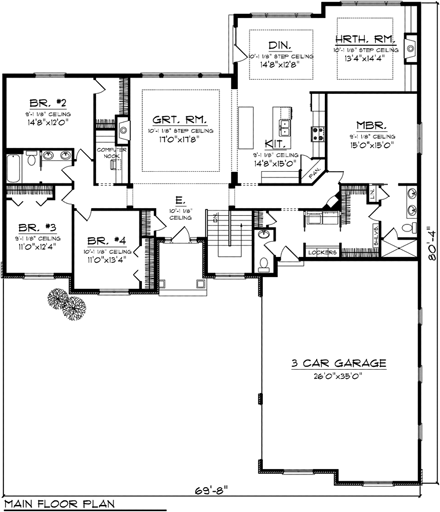 Ranch House Plan 97368 with 4 Beds, 3 Baths, 3 Car Garage First Level Plan