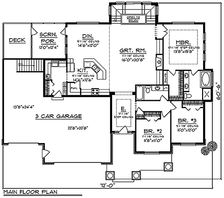 Ranch House Plan 97370 with 5 Beds, 3 Baths, 3 Car Garage First Level Plan