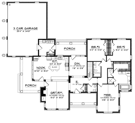 European House Plan 97380 with 3 Beds, 3 Baths, 3 Car Garage First Level Plan