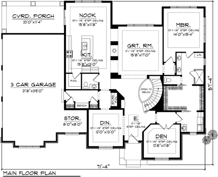 Ranch House Plan 97390 with 4 Beds, 3 Baths, 3 Car Garage First Level Plan