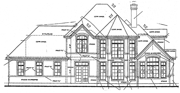 Bungalow, European, Tudor Plan with 1984 Sq. Ft., 3 Bedrooms, 3 Bathrooms, 2 Car Garage Rear Elevation