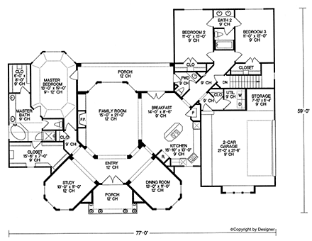 European, Victorian House Plan 97486 with 3 Beds, 3 Baths, 2 Car Garage First Level Plan