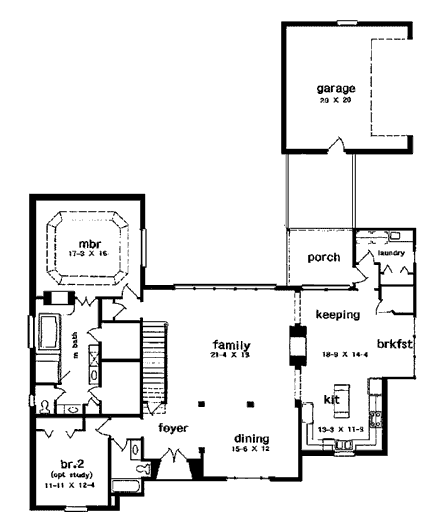 European House Plan 97522 with 4 Beds, 3 Baths, 2 Car Garage First Level Plan