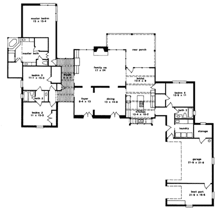 European, One-Story House Plan 97532 with 4 Beds, 3 Baths, 3 Car Garage First Level Plan