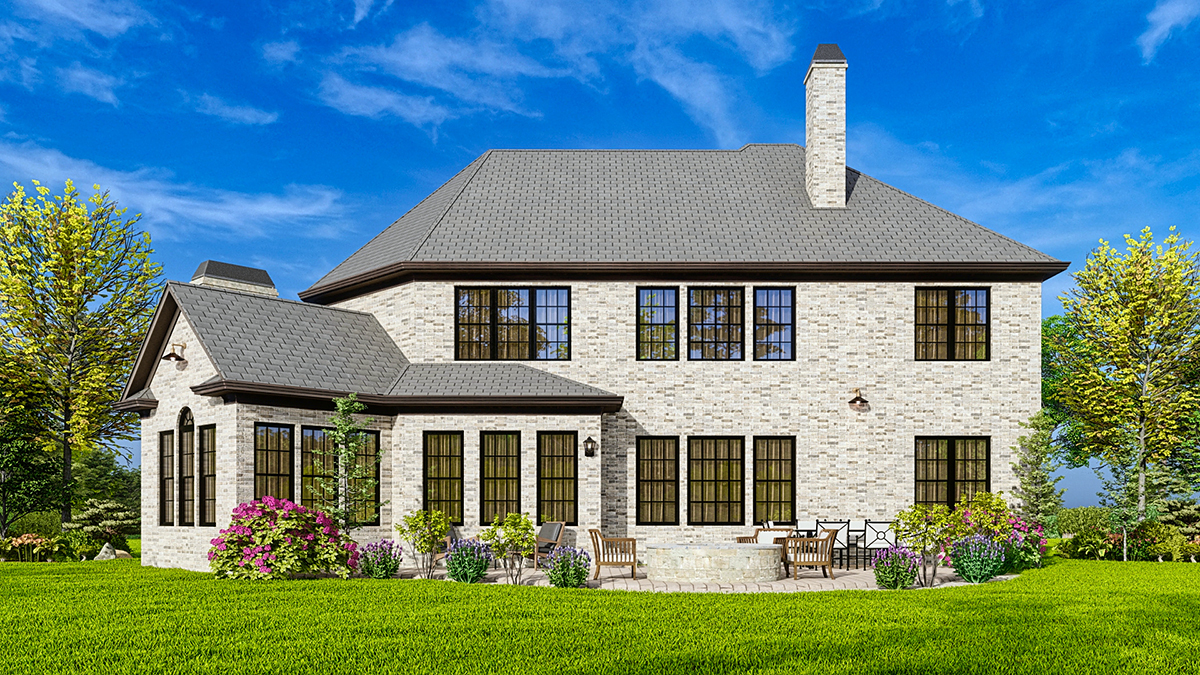 Country, European, Southern, Traditional Plan with 3338 Sq. Ft., 5 Bedrooms, 4 Bathrooms, 3 Car Garage Rear Elevation