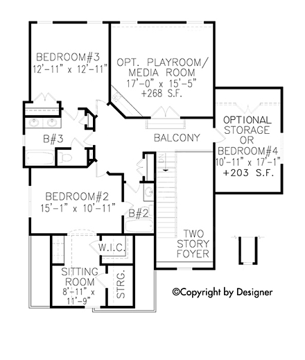 New American, Southern, Traditional, Tudor House Plan 97633 with 3 Beds, 4 Baths Second Level Plan
