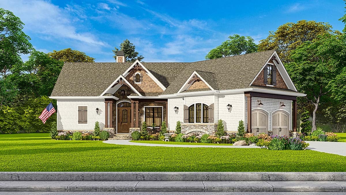 Craftsman, One-Story, Ranch Plan with 1561 Sq. Ft., 3 Bedrooms, 2 Bathrooms, 2 Car Garage Elevation