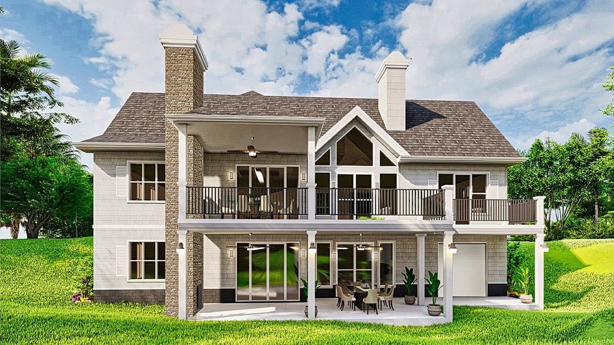 Cottage, Craftsman, One-Story Plan with 1459 Sq. Ft., 3 Bedrooms, 2 Bathrooms, 2 Car Garage Rear Elevation