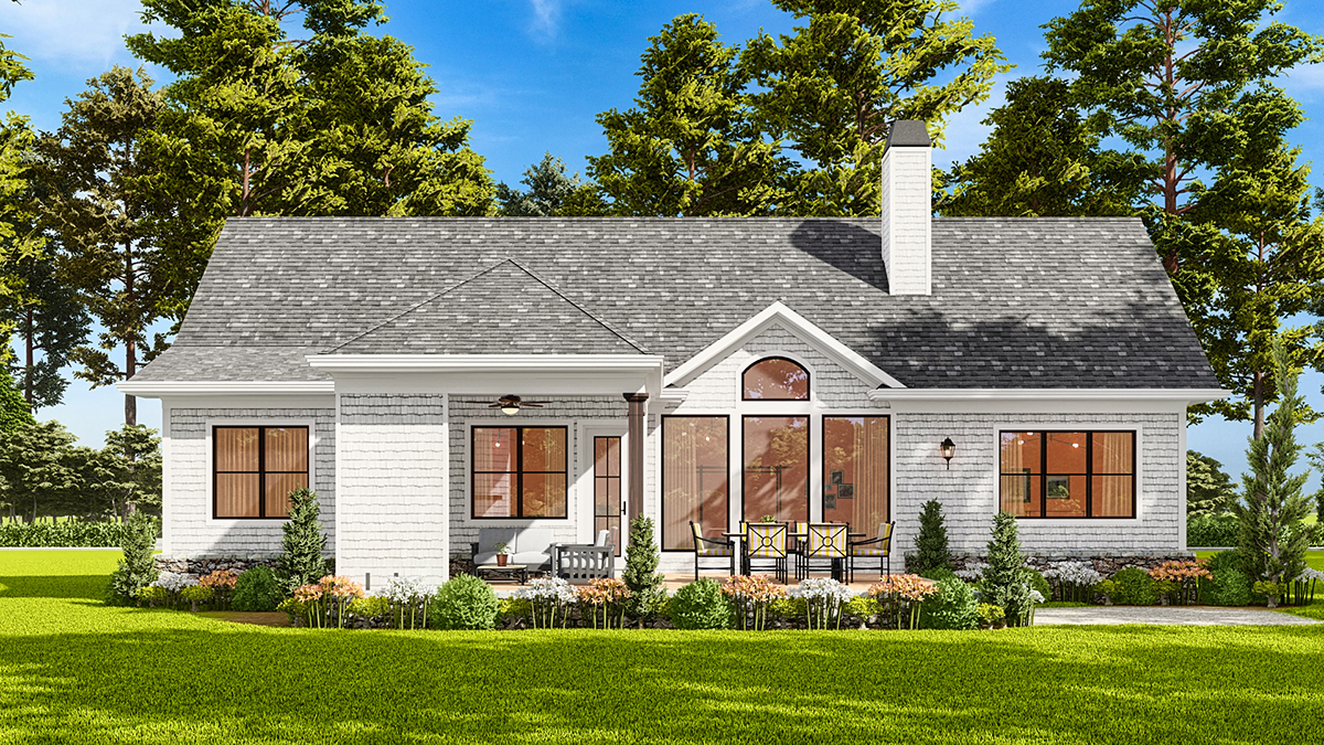 Country, Farmhouse, One-Story, Southern Plan with 1338 Sq. Ft., 3 Bedrooms, 2 Bathrooms, 2 Car Garage Rear Elevation