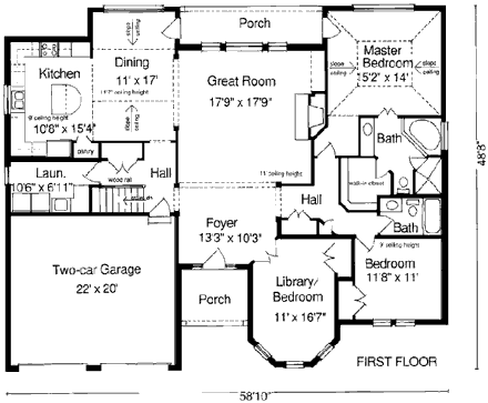 European, Victorian House Plan 97703 with 3 Beds, 2 Baths, 2 Car Garage First Level Plan