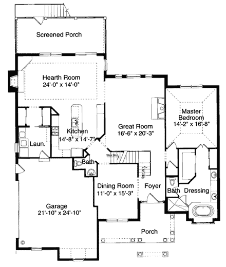 Bungalow, European House Plan 97722 with 4 Beds, 4 Baths, 2 Car Garage First Level Plan