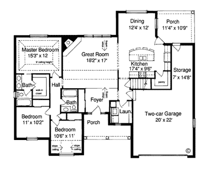 European, Ranch, Traditional House Plan 97740 with 3 Beds, 2 Baths, 2 Car Garage First Level Plan
