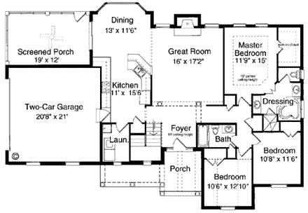 Bungalow, One-Story, Ranch House Plan 97760 with 3 Beds, 2 Baths, 2 Car Garage First Level Plan