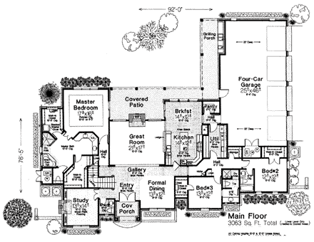 Country, European House Plan 97812 with 3 Beds, 3 Baths, 4 Car Garage First Level Plan
