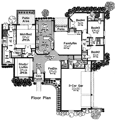 Bungalow, European House Plan 97817 with 4 Beds, 4 Baths, 3 Car Garage First Level Plan