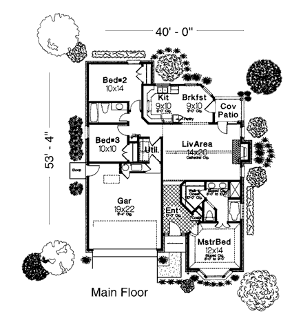 European House Plan 97823 with 3 Beds, 2 Baths, 2 Car Garage First Level Plan