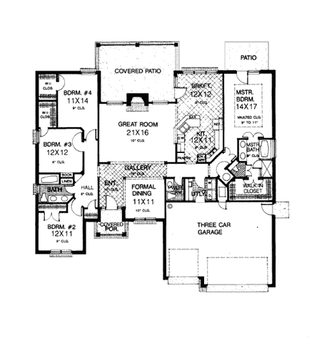 European, One-Story House Plan 97834 with 4 Beds, 3 Baths, 3 Car Garage First Level Plan