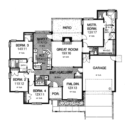 European, One-Story House Plan 97846 with 4 Beds, 3 Baths, 2 Car Garage First Level Plan