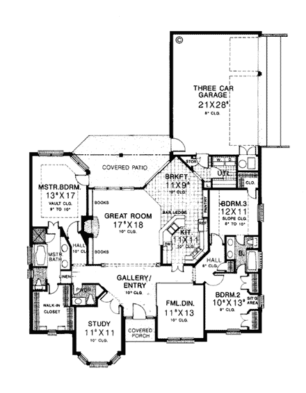 Bungalow, European, One-Story House Plan 97858 with 3 Beds, 3 Baths, 3 Car Garage First Level Plan