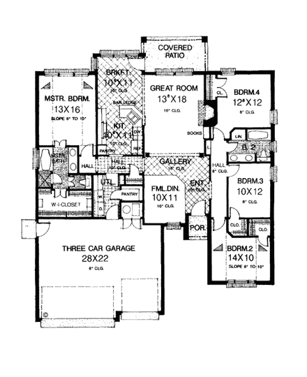 European House Plan 97878 with 4 Beds, 2 Baths, 3 Car Garage First Level Plan